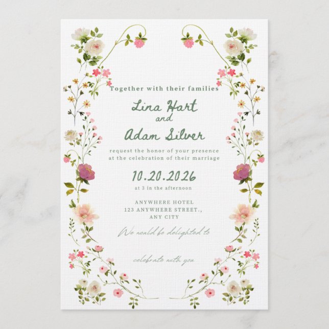 Invitación Watercolor Floral Wedding Invitation Template  (Anverso)