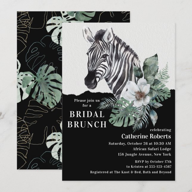 Invitación Watercolor Floral Wild Zebra Bridal Brunch (Anverso / Reverso)