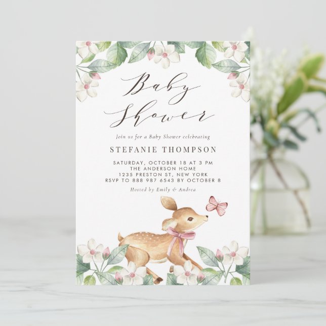 Invitación Watercolor Floral Woodland Baby Deer Baby Shower (Anverso de pie)