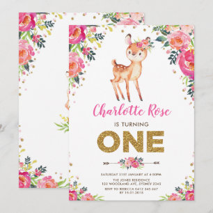 Invitación Watercolor Floral Woodland Deer 1er cumpleaños