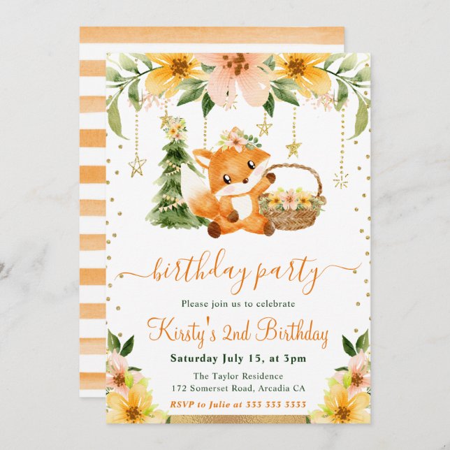 Invitación Watercolor Floral Woodland Fox Birday Party (Anverso / Reverso)