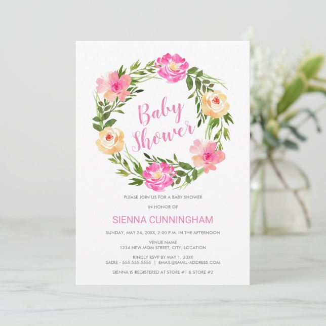 Invitación Watercolor Floral Wreath Baby Shower (Anverso de pie)