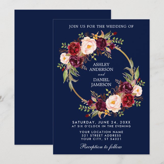 Invitación Watercolor Floral Wreath Borgoña Boda Azul (Anverso / Reverso)