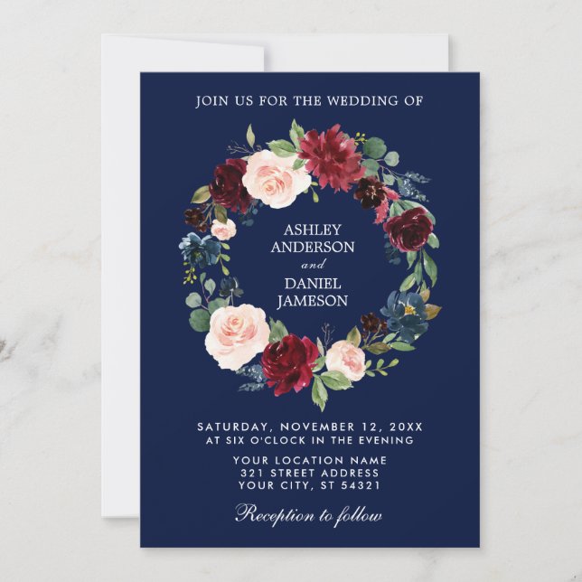 Invitación Watercolor Floral Wreath Burgundy Blue Boda B (Anverso)