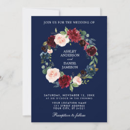 Invitación Watercolor Floral Wreath Burgundy Blue Boda B