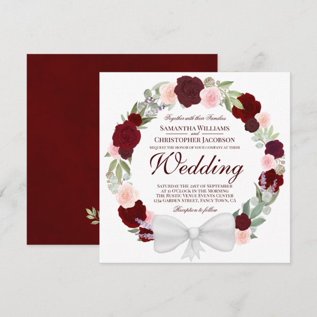 Invitación Watercolor Floral Wreath Burgundy Red Boda (Anverso / Reverso)