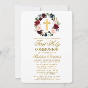Invitación Watercolor Floral Wreath Oro Primera Comunión