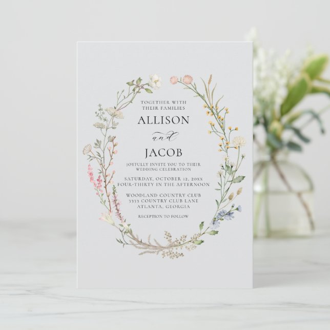 Invitación Watercolor Floral Wreath Soft Blue Wedding (Anverso de pie)