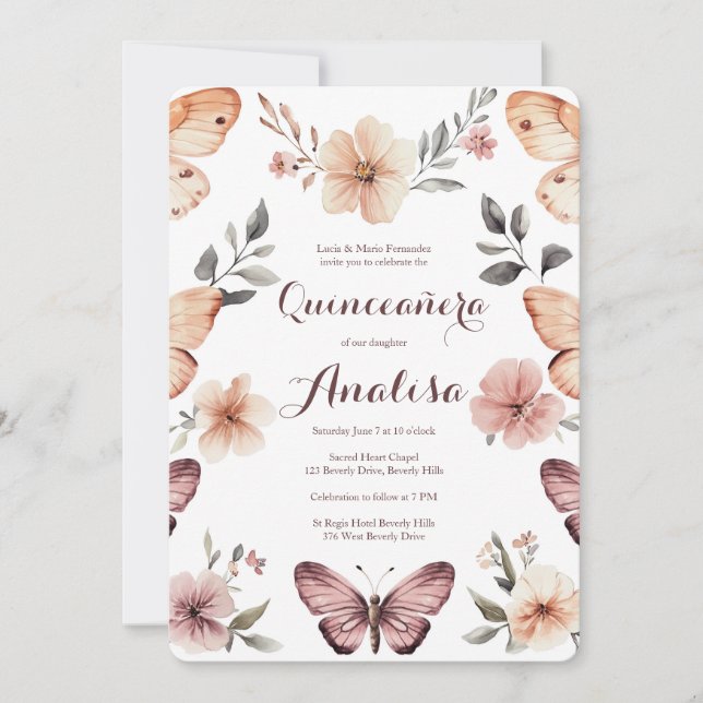 Invitación Watercolor Florals Butterflies Quinceañera PERSONA (Anverso)