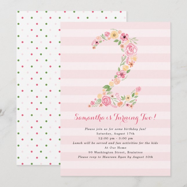 Invitación Watercolor Florals Dos Segundos Cumpleaños (Anverso / Reverso)