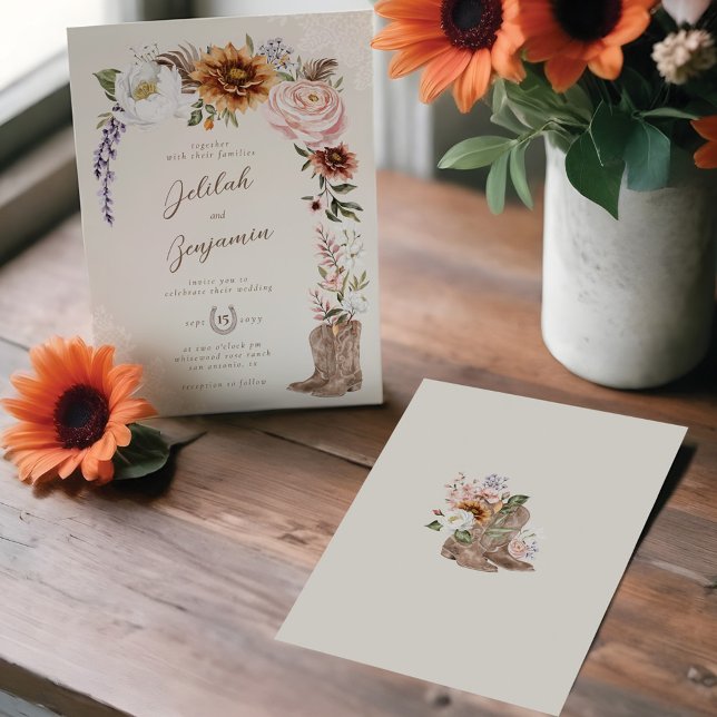 Invitación Watercolor Florals Occidental Cowboy Boots Boda (Watercolor Florals Western Cowboy Boots Wedding Invitation)