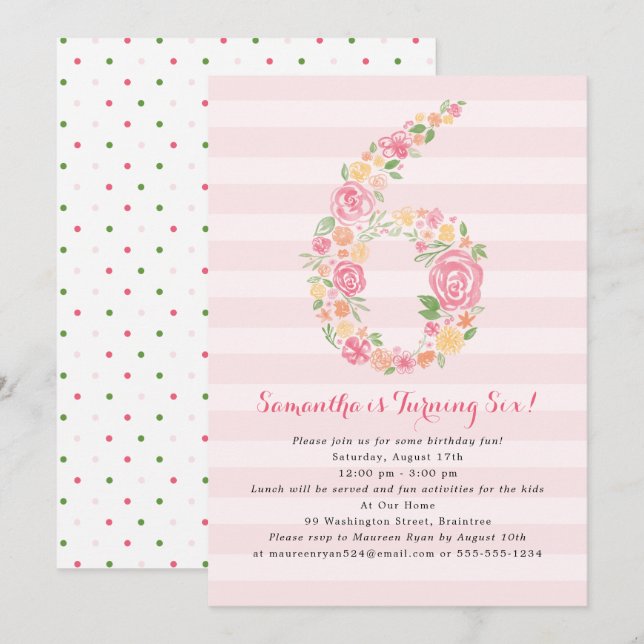 Invitación Watercolor Florals SIX 6º cumpleaños (Anverso / Reverso)