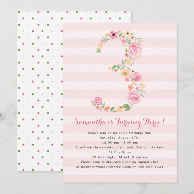 Invitación Watercolor Florals TRES Tercer Cumpleaños (Anverso / Reverso)
