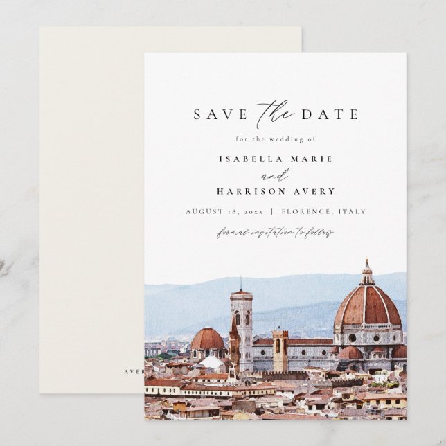 Invitación Watercolor Florencia Italia Skyline Save the Date (Anverso / Reverso)
