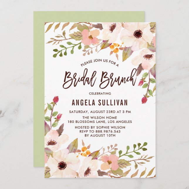 Invitación Watercolor Flores bohemias Brunch Bridal (Anverso / Reverso)