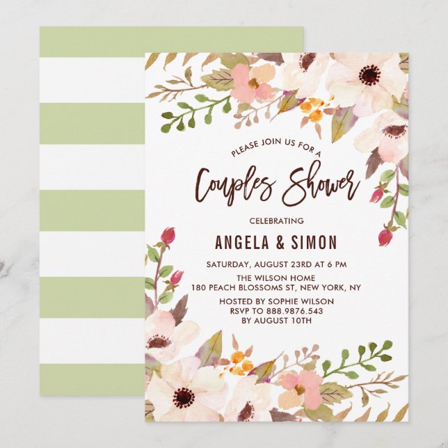Invitación Watercolor Flores Bohemias Ducha Parejas (Anverso / Reverso)