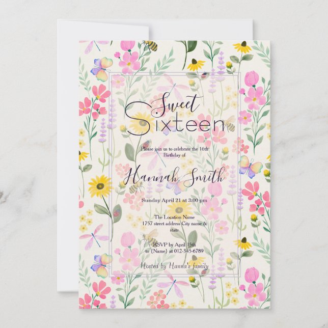 Invitación Watercolor Flores rosas Mariposas Jardín (Anverso)