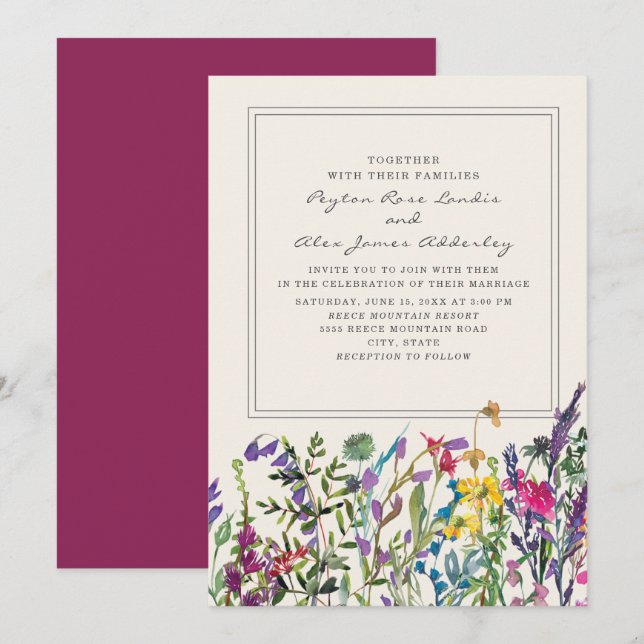 Invitación Watercolor Flores silvestres Crema Boda púrpura (Anverso / Reverso)