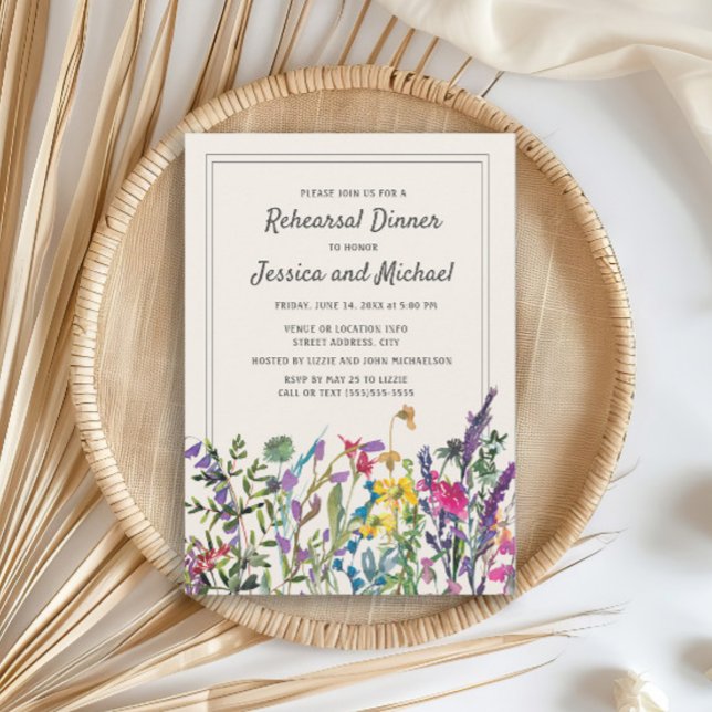 Invitación Watercolor Flores silvestres Crema Rústica Boda (Wildflower wedding rehearsal dinner invitation)