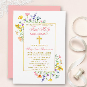Invitación Watercolor Flores silvestres Doradas Primera Comun