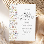 Invitación Watercolor Flores silvestres Floral 40.º Fiesta de<br><div class="desc">Esta encantadora acuarela floral de color rosa y melocotón con rosas rosas y melocotones y adornos de eucalipto a lo largo de la frontera izquierda es una bella invitación femenina a celebrar el cumpleaños 40. Todo el texto puede ser personalizado para su fiesta. Esta invitación está disponible como descarga digital...</div>