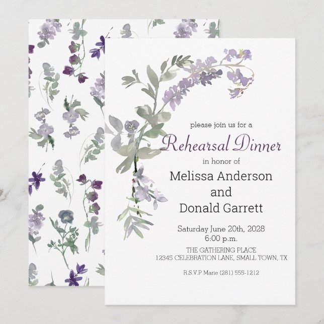 Invitación Watercolor Flores silvestres Lavender Ensayo Cena (Anverso / Reverso)