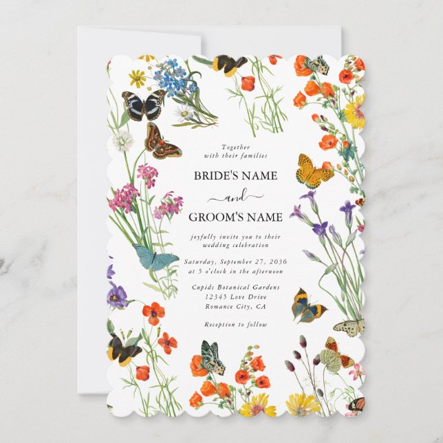 Invitación Watercolor Flores silvestres mariposas Boda floral (Anverso)