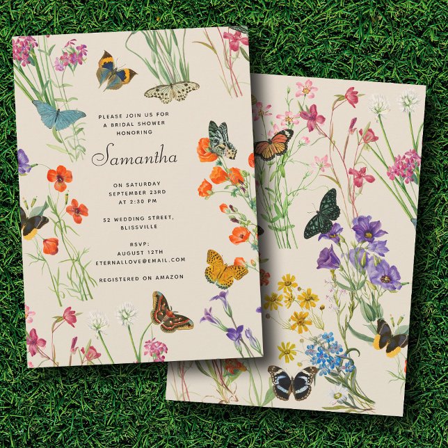 Invitación Watercolor Flores silvestres mariposas Ducha de no (Watercolor Wildflowers Butterflies Bridal Shower Invitation)