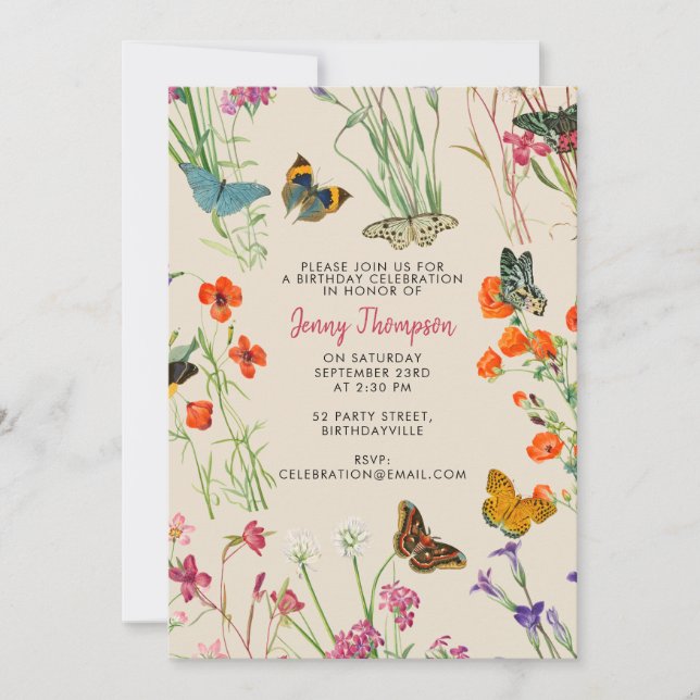 Invitación Watercolor Flores silvestres Mariposas Fiesta de c (Anverso)