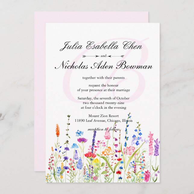 Invitación Watercolor Flores silvestres Monograma Boda Primav (Anverso / Reverso)