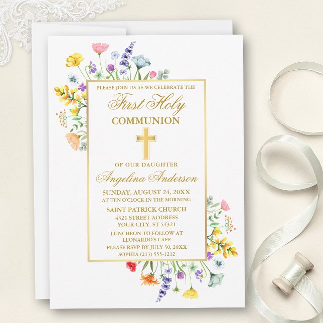 Invitación Watercolor Flores silvestres Oro Primera Comunión (Customize to change text color, style, size or to add text to back of card.)