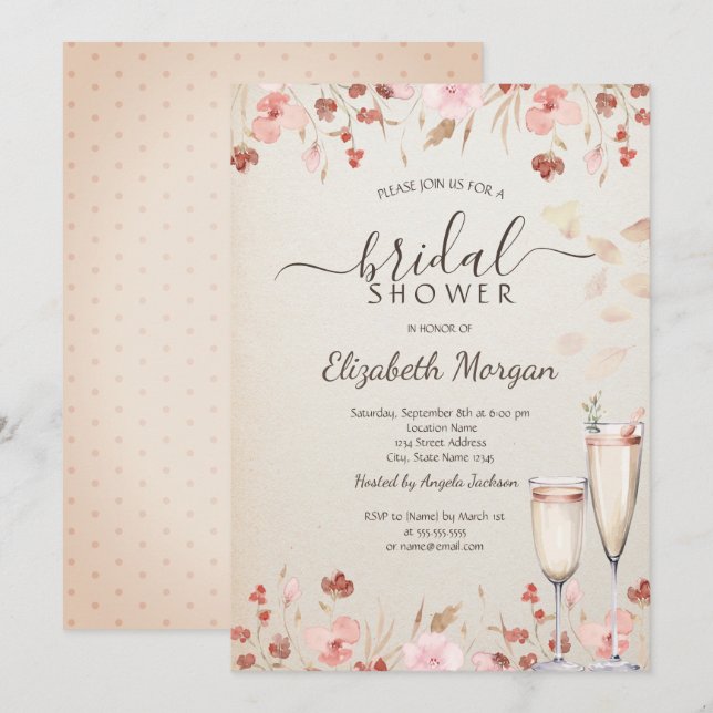 Invitación Watercolor Flores silvestres Petales Prosecco (Anverso / Reverso)