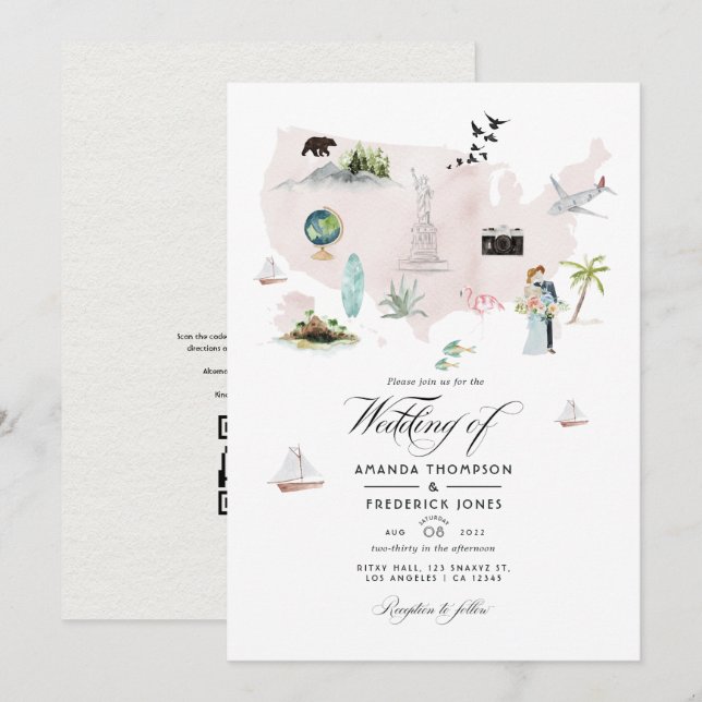 Invitación Watercolor Florida Estados Unidos Destino Boda de  (Anverso / Reverso)