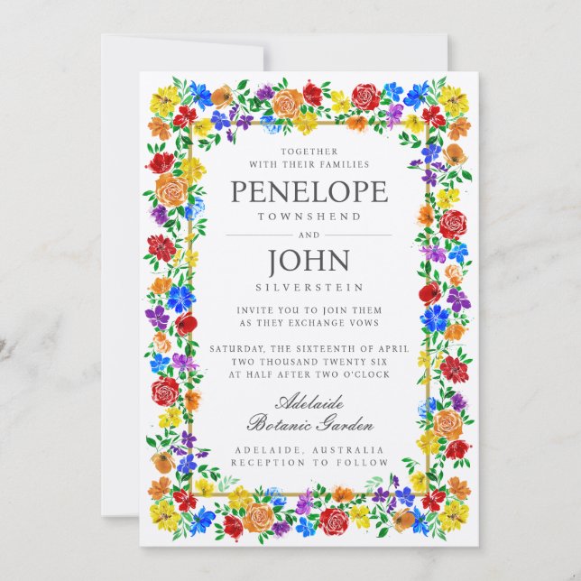 Invitación Watercolor Flower Botanical Garden Rainbow Wedding (Anverso)