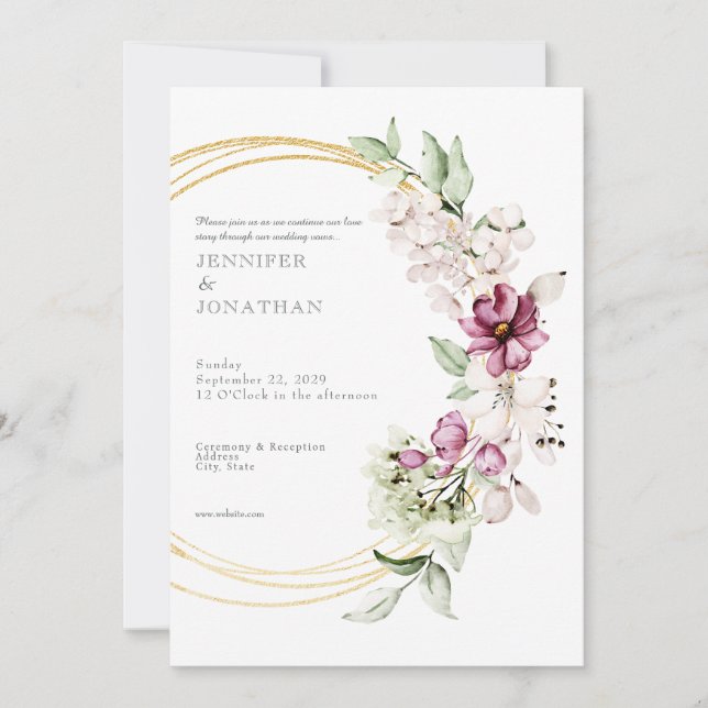 Invitación Watercolor Flower Floral Gold Wedding Invitation (Anverso)