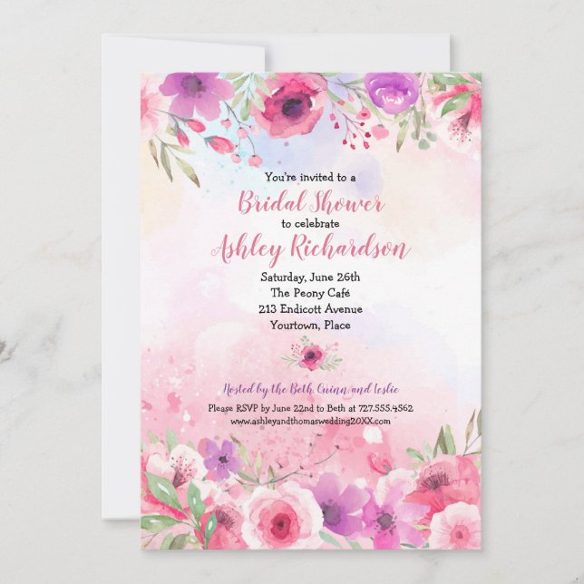 Invitación Watercolor Flower Garden Bridal Shower Fiesta (Anverso)