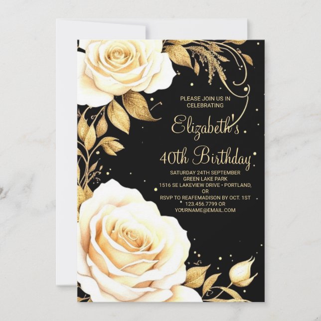 Invitación Watercolor Flower Gold Elegant 40 cumpleaños (Anverso)