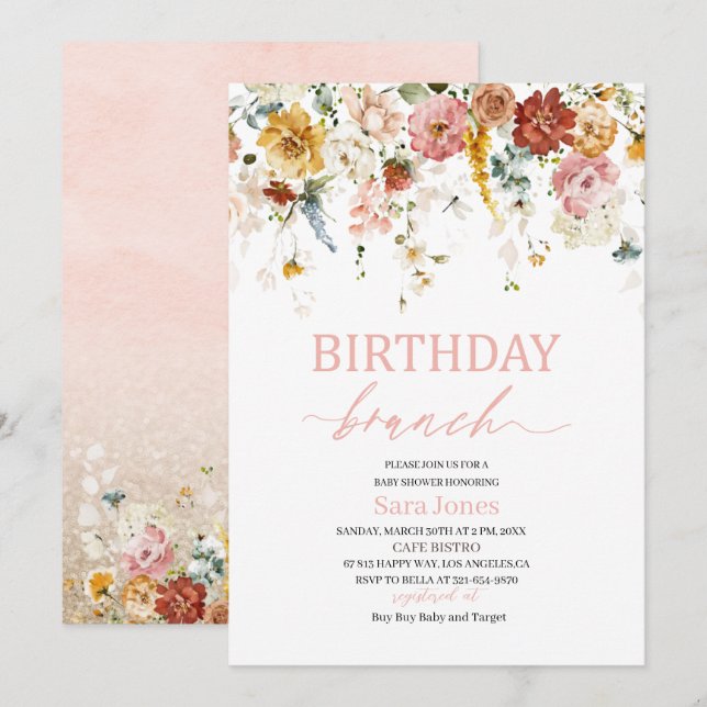 Invitación Watercolor Flowers Birthday brunch Baby Shower (Anverso / Reverso)