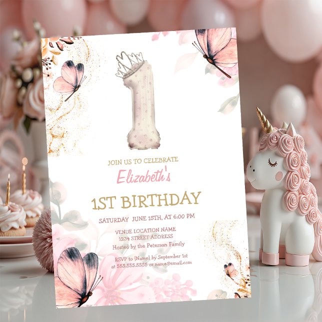 Invitación Watercolor Flowers Butterfly Striped 1s Birthday  (Subido por el creador)