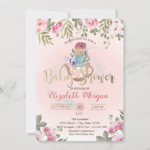 Invitación Watercolor Flowers Teapot Baby Shower