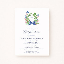Invitación Watercolor Foliage Wreath Blue Bow Baptism 