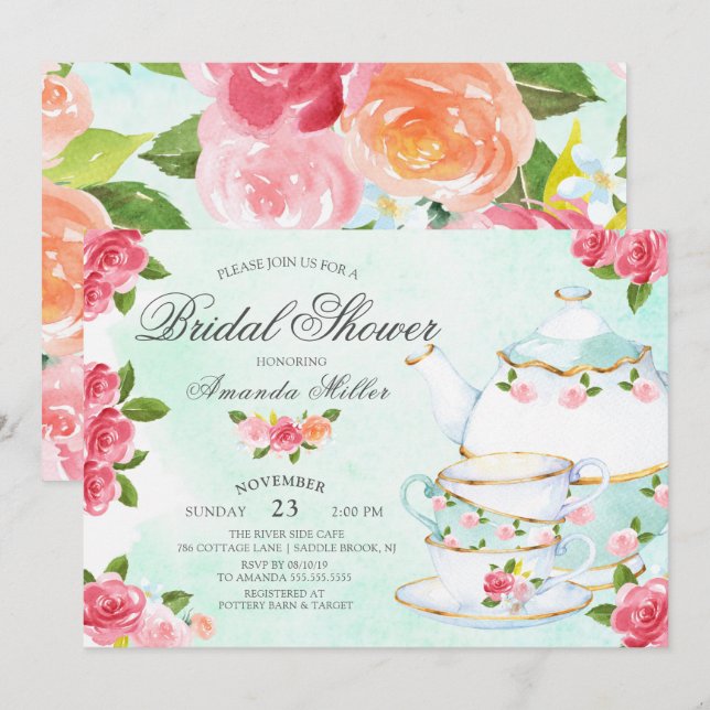 Invitación Watercolor Foral Tea Bridal Shower (Anverso / Reverso)