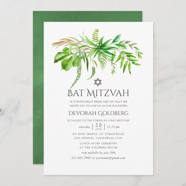 Invitación Watercolor Forest Greenerenery Bat Mitzvah (Anverso / Reverso)