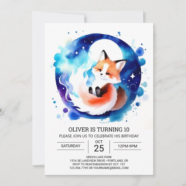Invitación Watercolor Fox Birthday Editable (Anverso)