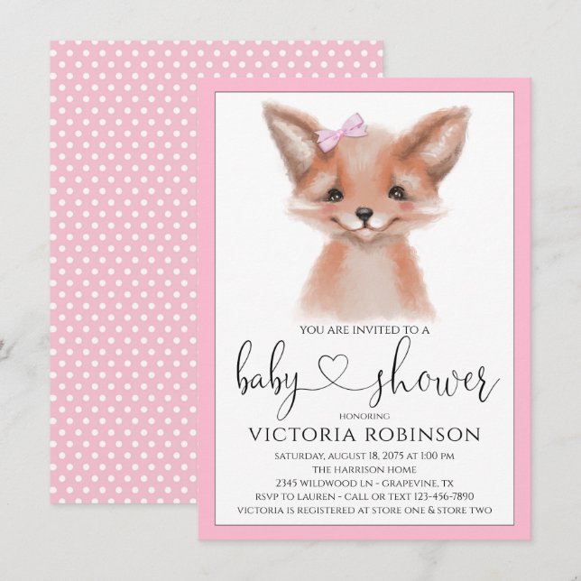 Invitación Watercolor Fox Chica Woodland Baby Shower (Anverso / Reverso)