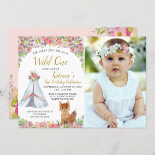 Invitación Watercolor Fox Tribal Boho Floral Birday Photo