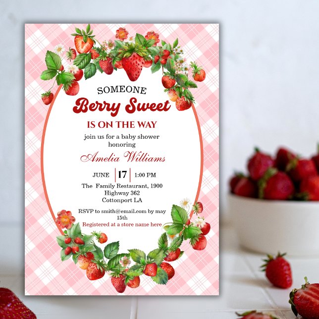 Invitación Watercolor Fresa Rosa Gingham Berry Dulce (Subido por el creador)