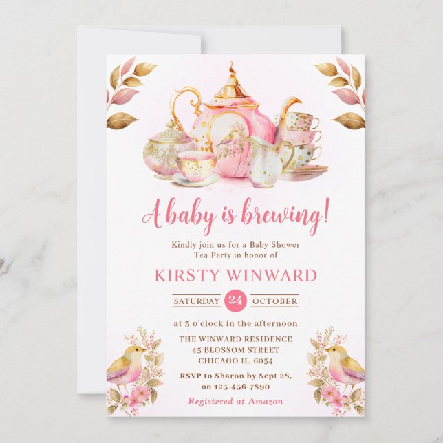 Invitación Watercolor Fresa Tea Fiesta Baby Shower (Anverso)