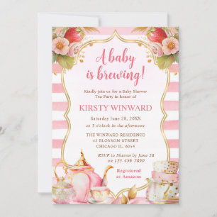 Invitación Watercolor Fresa Tea Fiesta Baby Shower