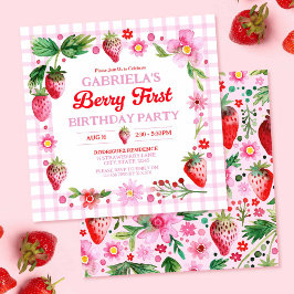 Invitación Watercolor Fresas Chica Primer Cumpleaños